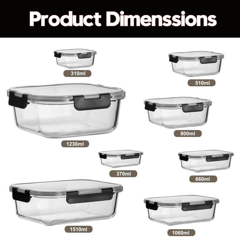 Belgol 8 Pack Glass Meal Prep Containers with Lids, Extra Thick Airtight Food Storage Set (310ml-1510ml/10.5oz–51oz), Leakproof Lunch Boxes for Leftovers