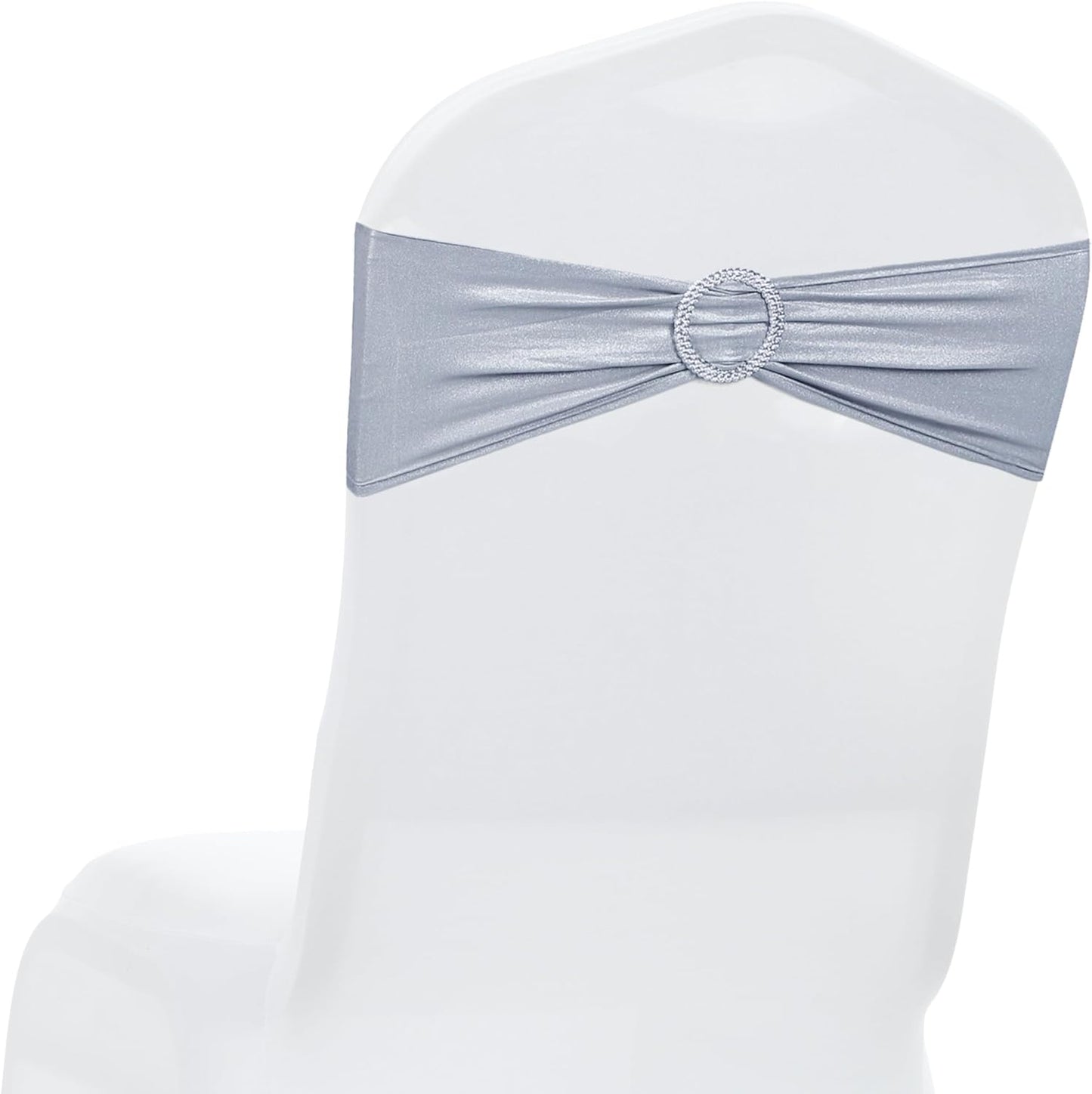 MDS Spandex Foil Chair Sashes - Universal Fit Elastic Stretch Bands with Buckle for Weddings | Metallic Silver (Pack of 10)