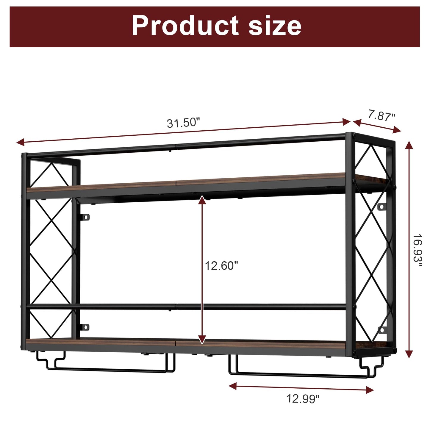 NEYCIL Wine Rack Wall Mounted 2 Tier Wall Wine Rack with Glass Holder, Double Layer Anti-Drop Crossbar, 31.5" Metal Wood Wall Mount Wine Holder for Home Kitchen Dining Room Coffee Shop Bar, Black