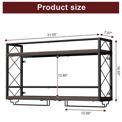 NEYCIL Wine Rack Wall Mounted 2 Tier Wall Wine Rack with Glass Holder, Double Layer Anti-Drop Crossbar, 31.5" Metal Wood Wall Mount Wine Holder for Home Kitchen Dining Room Coffee Shop Bar, Black