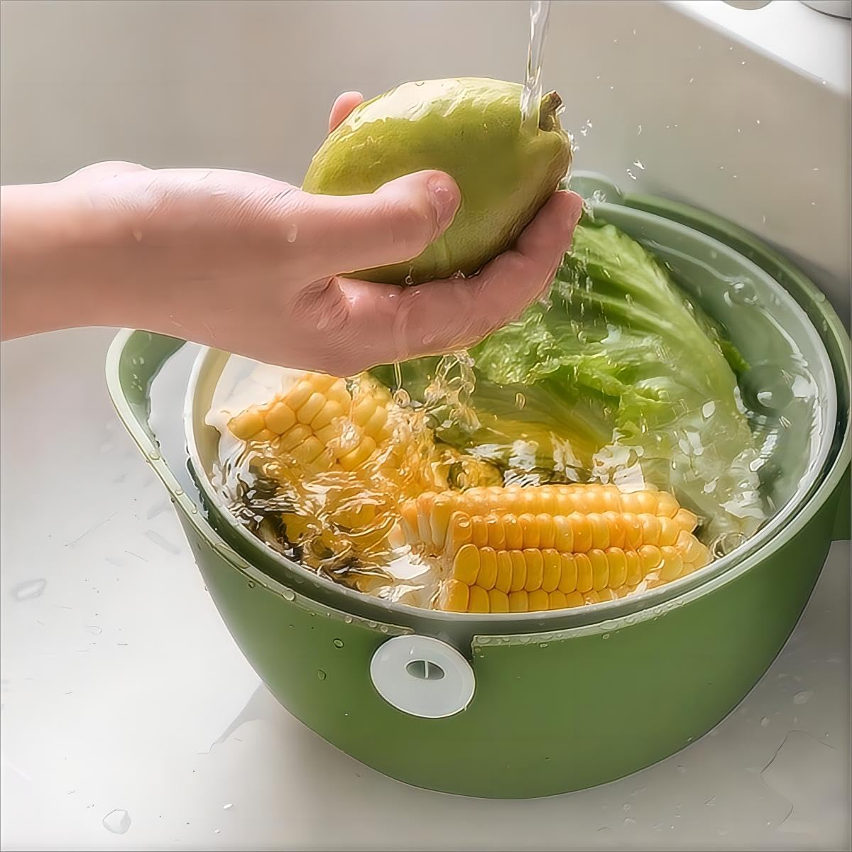 Elite Aiwei 2-1 Kitchen Colander Rotating Washing Basket with Handle - Pasta Strainer - Fruit Washing Bowl with Strainer - Fruit Rinser Container (Avocado Green)