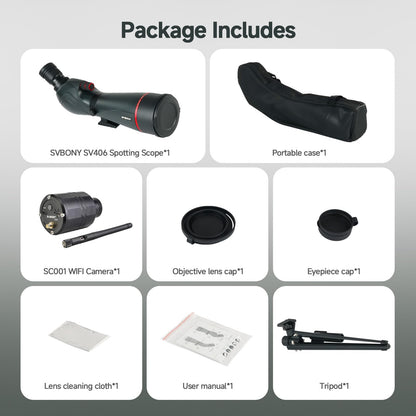 SVBONY SV406 20-60x80 Spotting Scope with Tripod,Equipped with SC001 WIFI Camera for Digiscoping, BAK4 Prism HD Spotter Scope,Waterproof & Fogproof Spotting Scopes for Wildlife Observing Bird Watching
