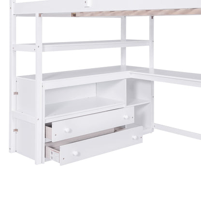 Brisca Full Size Loft Bed with Desk and Shelves,Multifunctionl Bedroom Bed Frame w/Two Built-in Drawers & Storage Staircase,Solid Wood Slats Support,for Kid Adult Boy Girl Teens,White
