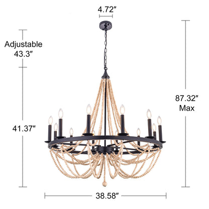 Wellmet Beaded Chandelier Boho Light Fixture 38", Black Farmhouse Dining Room Chandelier Pendant Lights, French Country Candle Wagon Wheel Chandelier Hanging Ceiling Light Fixture for Staircase Foyer