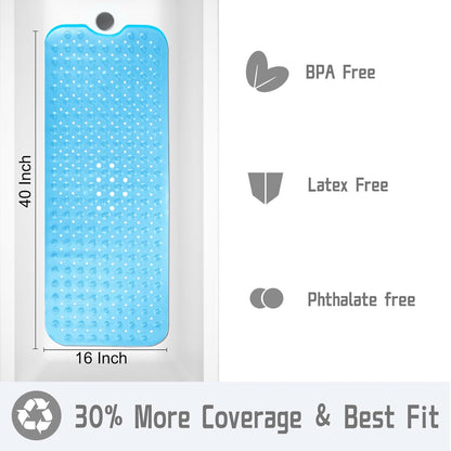 Yimobra Non Slip Bathtub Mat - 40 x 16 Inch, Extra Long Shower Mat with Drain Holes, Clear Blue