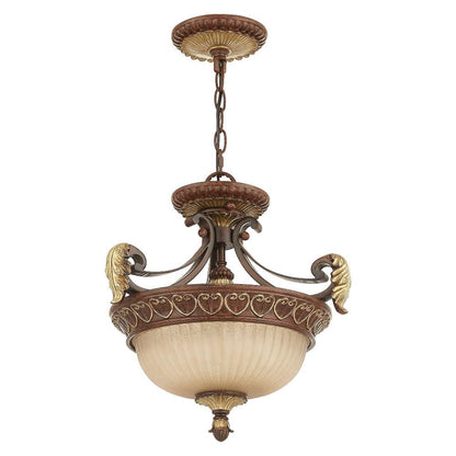 Livex Lighting 8577-63 Villa Verona 2 Light Verona Bronze Finish Flush Mount/Hanging Lantern with Aged Gold Leaf Accents and Rustic Art Glass