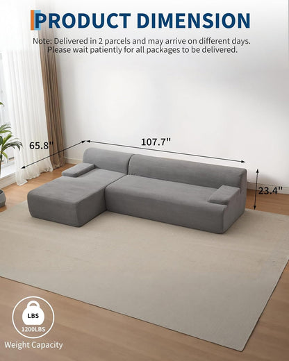 MilleLoom 108" Sectional Couches for Living Room, Modular Sectional Sofa with L-Shape Chaise, Ultra Soft Corduroy L Shaped Couch Bed,Perfect Comfy Couches for Living Room, No Assembly Required