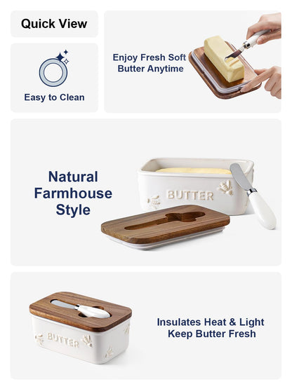 LE TAUCI Butter Dish with Lid for Countertop, Ceramic Butter Container, Embossed Butter Keeper with Acacia Wood lid, Knife, and Airtight Cover, Farmhouse Decor - Set of 1, Arctic White, Bee Pattern