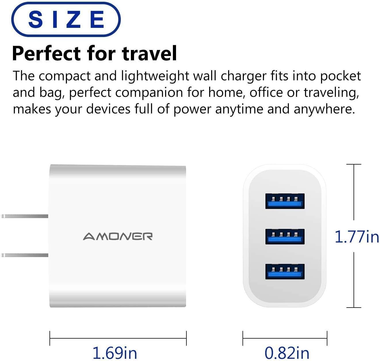USB Wall Charger, Amoner 2Pack 15W 3-Port USB Charger Block iPhone Cube Charging Blocks for iPhone 14/13/12/11/X/XR/X/8/7/6, Galaxy, Android Phones and More