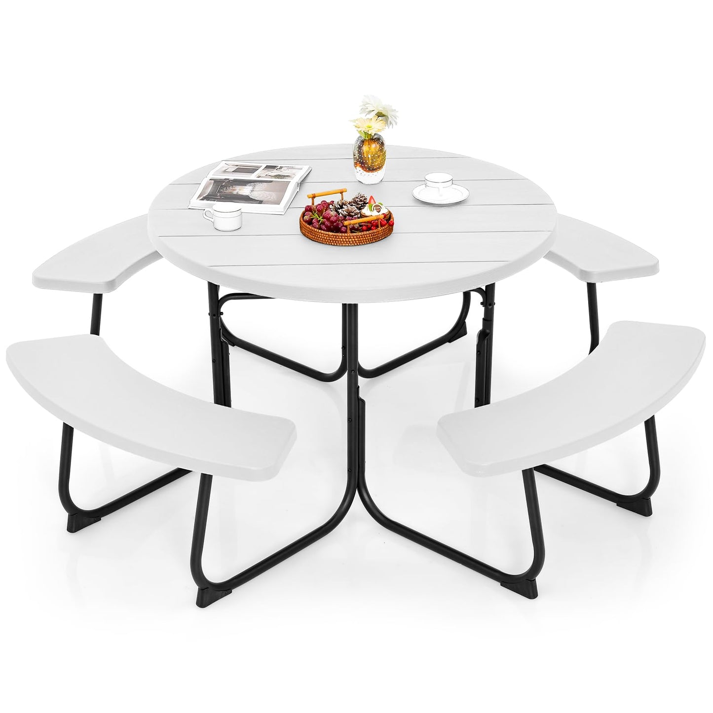 Giantex Picnic Table Set for Up to 8 Persons, Round Outdoor Table and Bench Set with Umbrella Hole, HDPE Top & Metal Frame, 2000LBS Capacity, Patio Table Bench for Deck Backyard Garden (White)