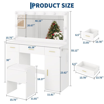 45" Vanity Desk with Large Mirror and Lights, Makeup Vanity Desk with 3 Color Lighting, 3 Drawers, 2 Cabinets, Power Outlets, Hair Dryer Rack, White Dressing Table Set with Hidden Storage Stool