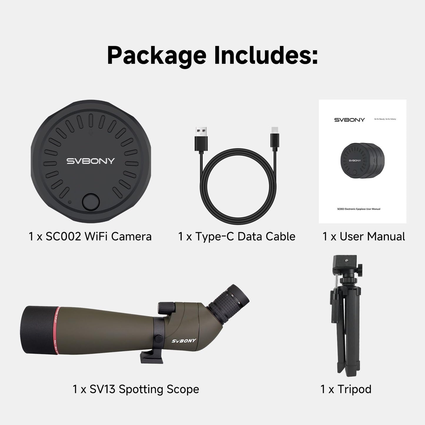 SVBONY SV13 Spotting Scope with SC002 WiFi Camera for Digiscoping, Waterproof & Fofproof, 20-60x80mm Long Range Spotter Scope for Wildlife Observation, Bird Watching