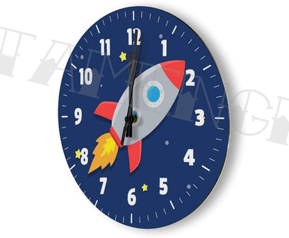 Round Wood Wall Clock, Rocket Ship Outer Space Design for Kids Room, Battery Operated, No Sound