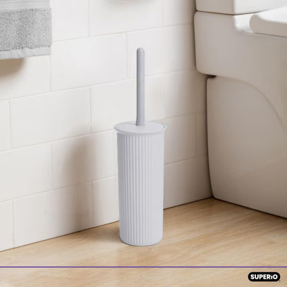 Set, (1 Pack) Superio Ribbed Collection - Decorative Plastic Toilet Bowl Brush and Holder White Smoke Cleaner Scrubber