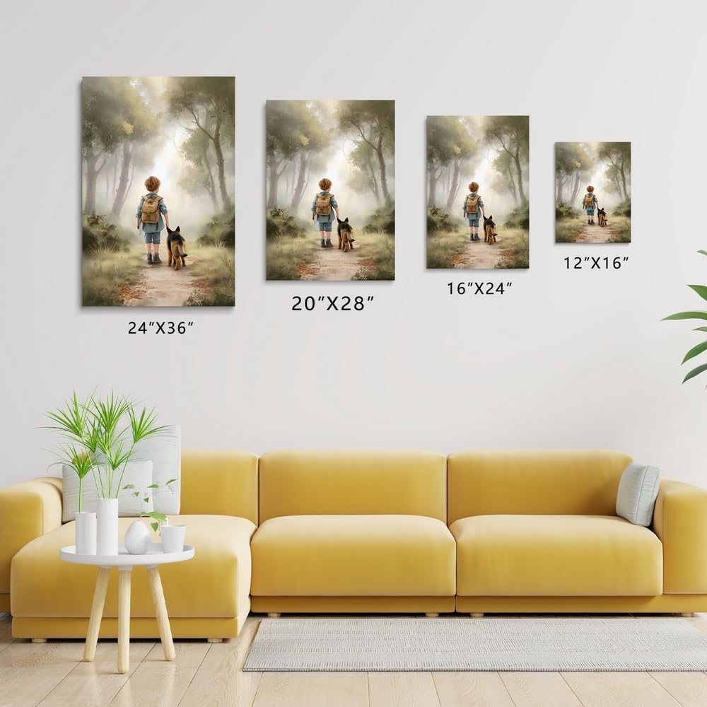 SKYSUKEY 16"x24" Boy and Dog Friend German Shepherd Dog Adventure Nursery Wall Decor, Outdoor Forest Nursery Wall Art