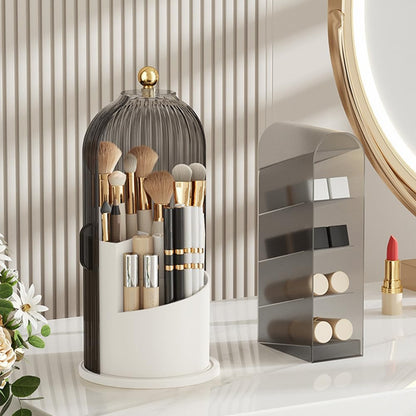 Makeup Brush Holder with Lid, 360 Rotating Sliding Opening Cosmetic Tools Organizer, Waterproof Dustproof Makeup Brush Organizer for Vanity Desktop Bathroom Countertop(COLOR:White And Black)