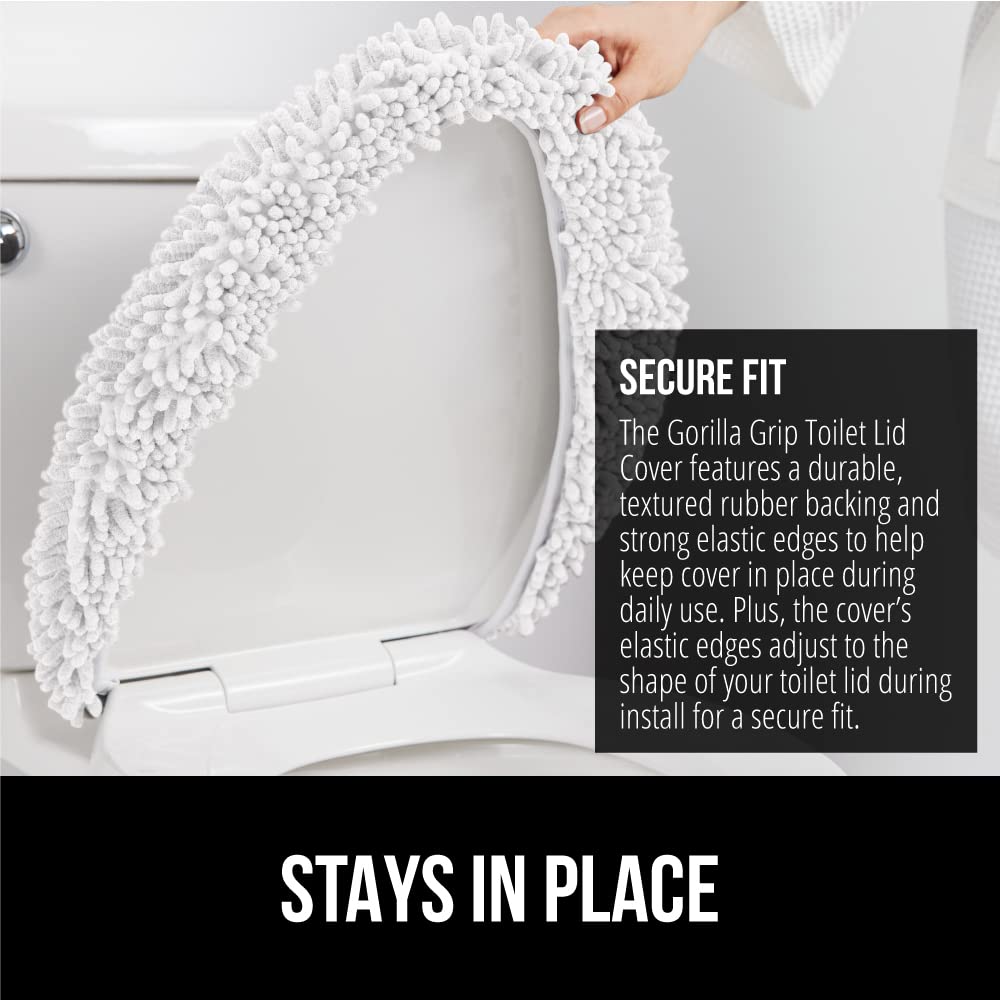 GORILLA GRIP Soft Chenille Bathroom Toilet Lid Cover, Machine Washable Seat Covers, 19.5x18.5, Stays in Place Rubber Backing, Fits Most Round, Elongated and Oblong Lids, Decor, Bright White