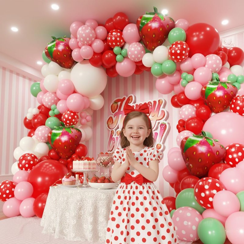 PTGOLUO Strawberry Balloons Garland Arch Kit 163pcs, Red and Pink Green Balloons for Sweet Girl Berry First Birthday Themed Baby Shower Valentine's Day Strawberry Party Decorations
