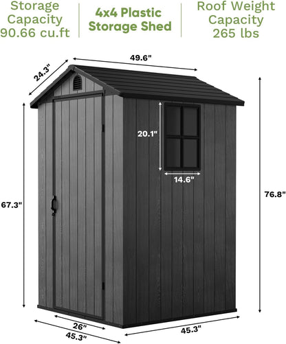 Patiowell 4' x 4' Outdoor Storage Shed with Floor, Plastic Shed Outside Resin Tool Shed with Window and Lockable Door for Backyard Garden Patio Lawn, Dark Grey (Fit-it Shed)