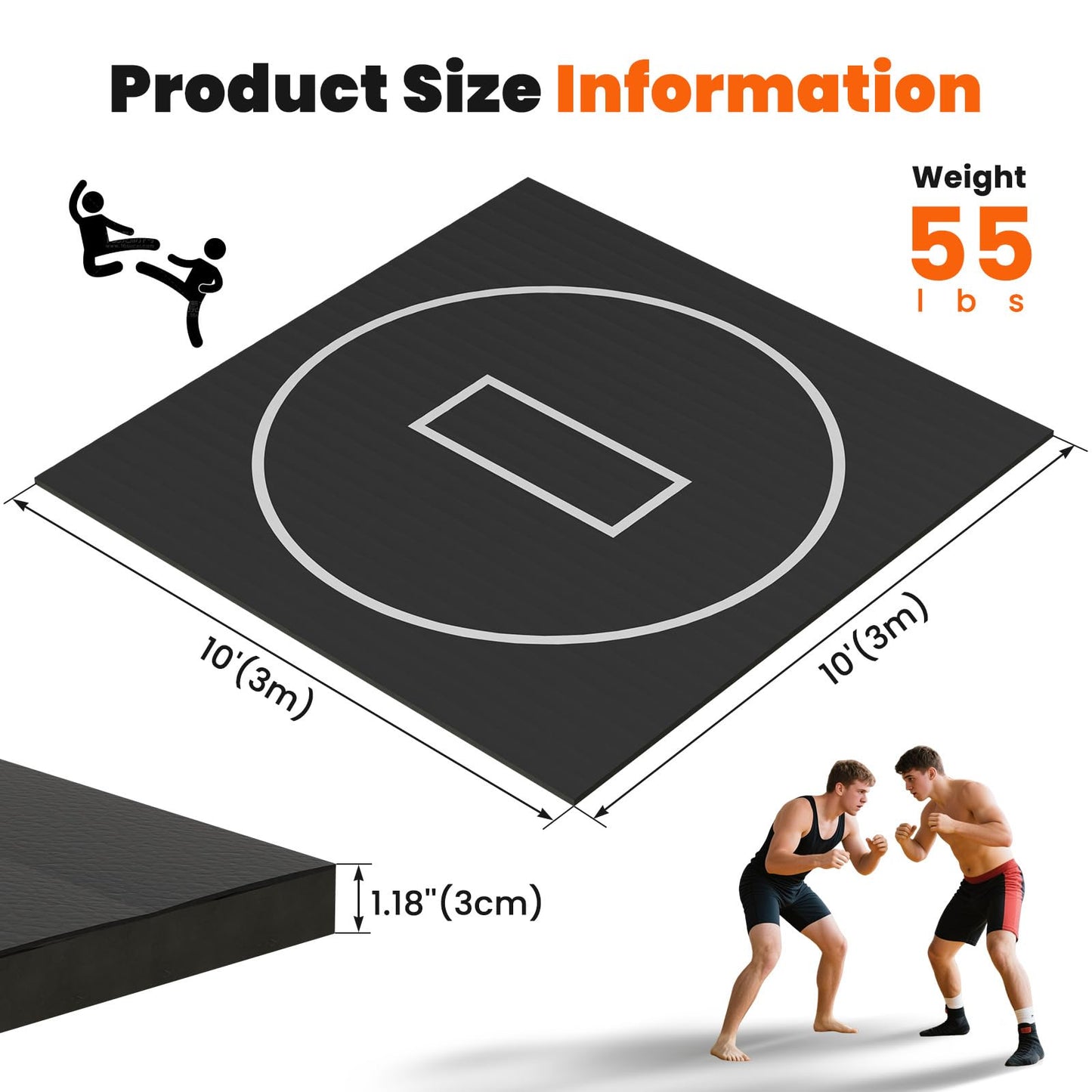 Kaoshan Multi-Size Foam/Inflatable Wrestling Mat - Durable Jiu Jitsu Mats, 10'x10' Wrestling Mats for Home, Flexi Roll Judo Training Mat for MMA, Grappling,BJJ, Martial Arts & Boxing