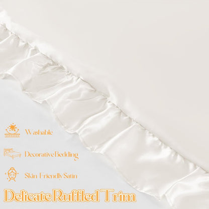 NSGZ Ruffled Satin Pillowcase Set of 2, Standard Size Silky Pillow Shams for Hair and Skin Care, Ivory White Satin Pillow Covers with Envelope Closure, Anti Wrinkle Pillow Cases for Classic Room Decor