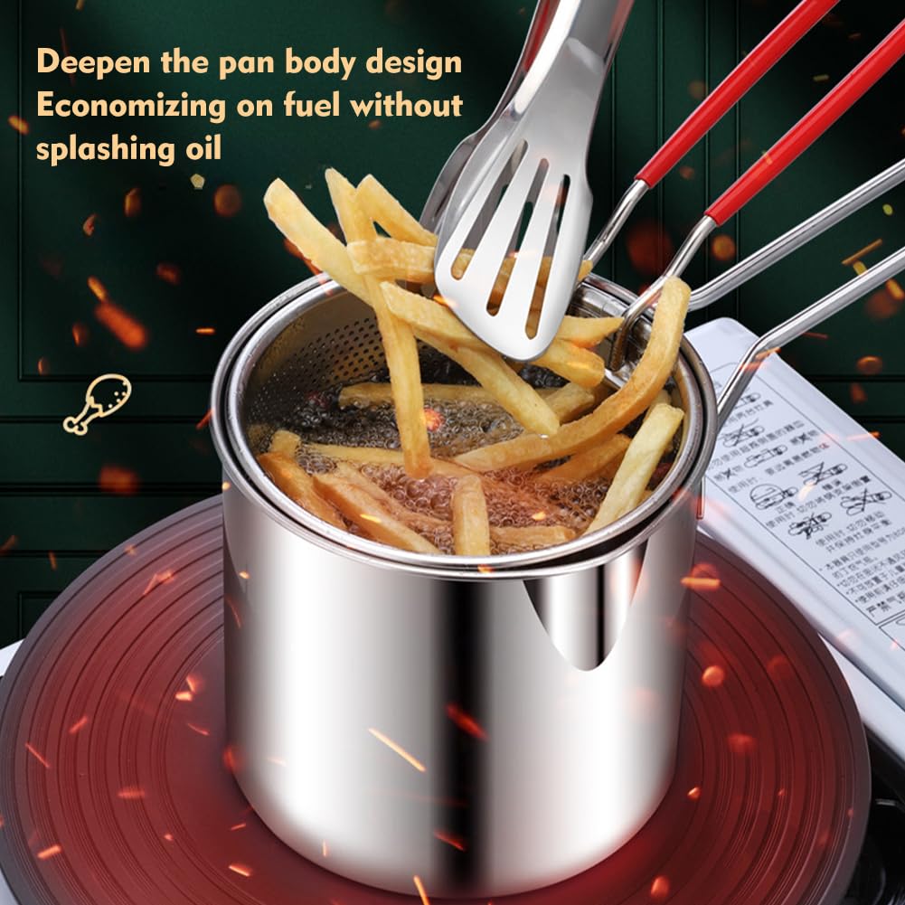 304 Stainless Steel Deep Fryer Pot with Basket, Stove Top Deep Fryer with Easy Grip Handle, Large Capacity Multifunctional Oil Strainer Pot For Frying Fish Shrimp Fries Chicken(Silver)