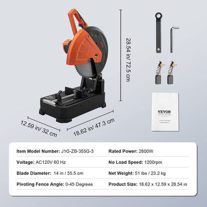 VEVOR Chop Saw, 14''/355mm Blade Diameter Cut Off Saw, 2800W 1200RPM Steel Cutting Machine, 0-45° Adjustable Dry Cut Chop Saw, Miter Saw for Cold Cut Saw for Steel/Iron/Aluminum, Black