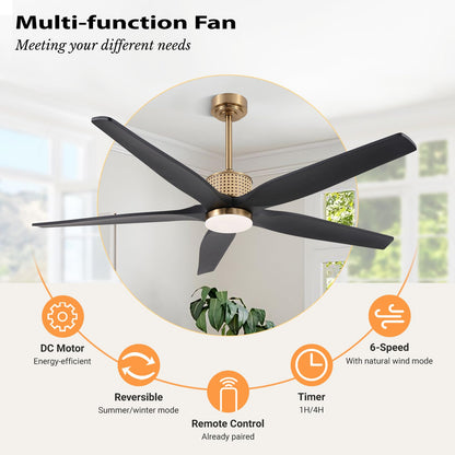 LEDLUX 60" Ceiling Fan with Light – Remote Control, Solid Wood, 6-Speed, Quiet Reversible DC Motor, Black/Gold Finish, 4.5"/12" Downrods, Noiseless Large Ceiling Fan for Bedroom, Living Room, Porch