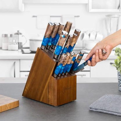 SENKEN 15-Piece Damascus Knife Block Set - "Tsunami" Collection Japanese Chef Knife Set - 67-Layer Japanese VG10 Steel Blades, Includes Chef Knife, Cleaver, 6 Steak Knives (Blue)