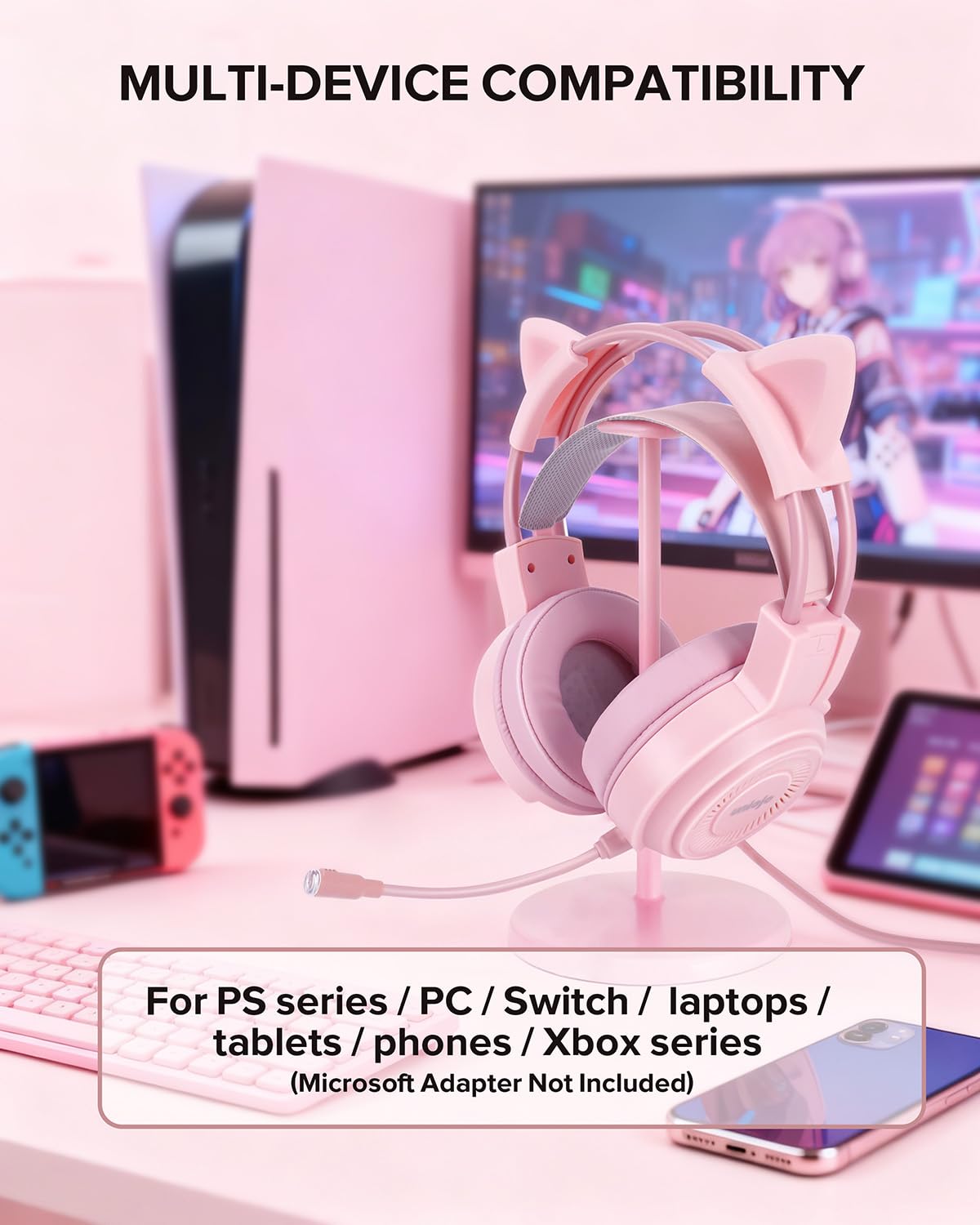 UNIOJO Upgraded Pink Gaming Headset for PS4, PS5, Xbox One, PC, Switch, Laptop, Mobile – Cat Ears, Noise-Canceling Mic, 7.1 Surround Sound, LED Light, Soft Memory Earmuffs for Ultimate Comfort