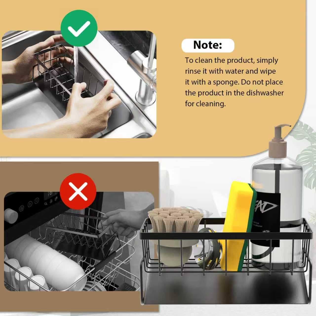 KABUM Sponge Holder Drain Rack for Kitchen Sink - 4-in-1 Organizer Holds Sponge, Soap, Stopper & Mini Brush, 9” Long Rustproof Carbon Steel Tray, Essential Kitchen Storage for a Tidy countertop, Grey