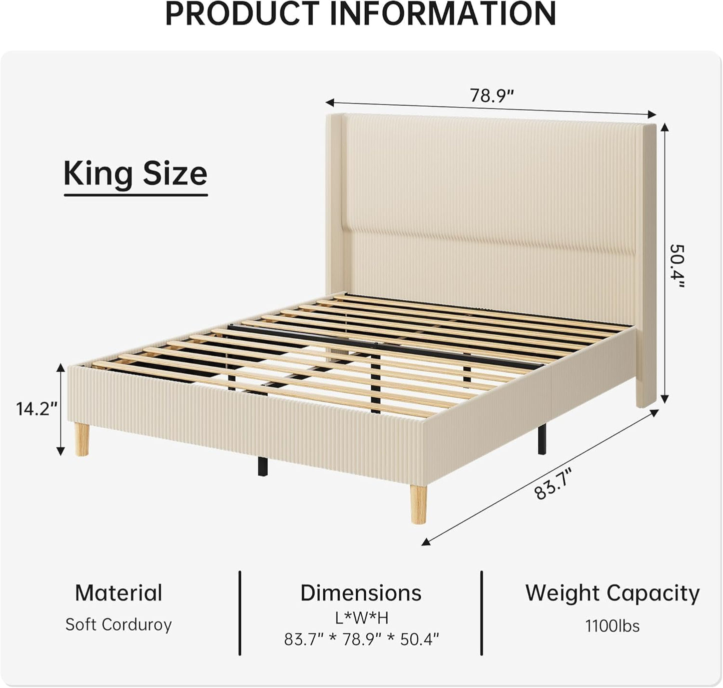 GarveeLife King Size Corduroy Upholstered Bed Frame, 50.4" Wingback Headboard with Sponge Padding, Wooden Slats Support, Noise‑Free, No Box Spring Needed, Beige
