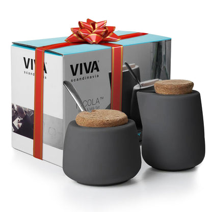 VIVA Nicola Charcoal Sugar and Creamer Set, Porcelain Cream and Sugar Set with Cork Lid & Spoon, 7oz / 200ml Coffee Serving Set for Coffee Bar, Tea Station & Countertop Ideal for Mothers Day Gift