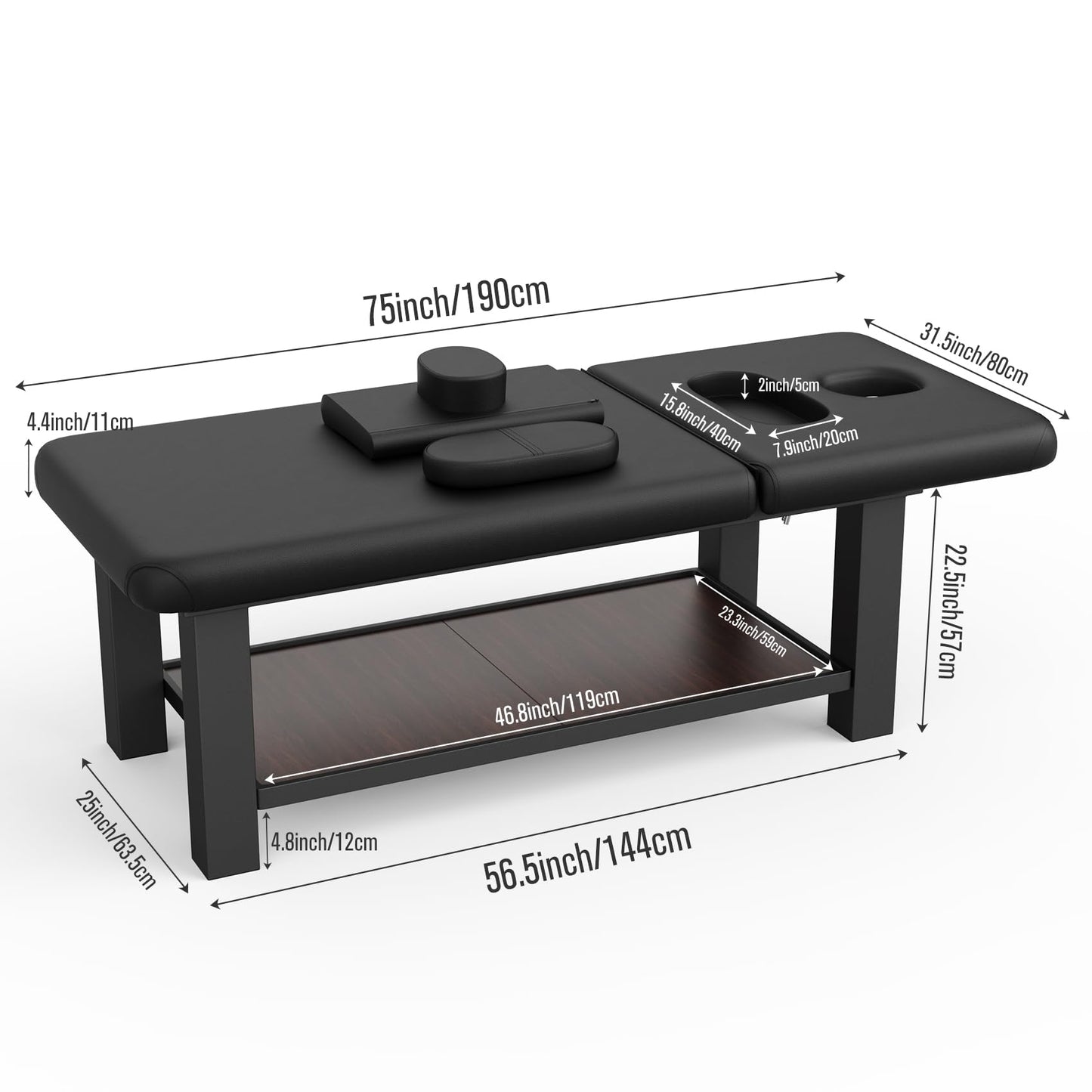 Ufurpie Adjustable Backrest Heavy-Duty Wide Massage Table, Treatment Physical Therapy Table, Wide Luxury Professional Stationary Spa Facial Bed, PU Leather Salon Bed, Black, 31.5'' W × 75'' L