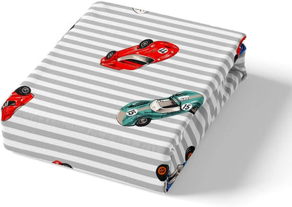 Set Set Feelyou Race car Bed Sheet Speed Sports Car Bedding Racing Car Fitted Sheet White Grey Flat Sheet for Kids Boys