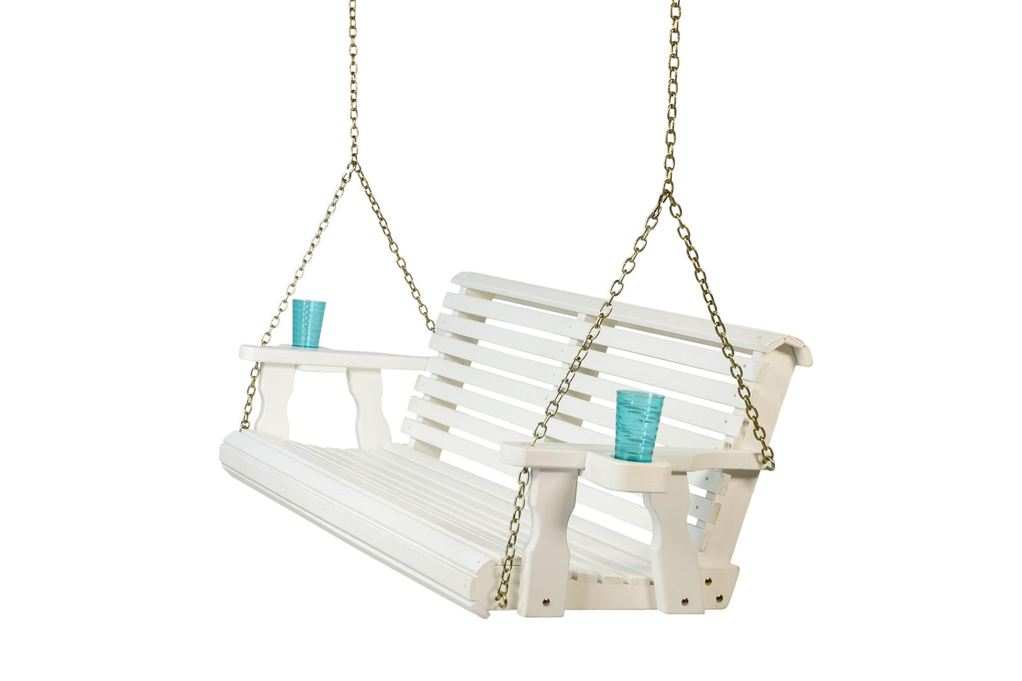 Amish Casual Heavy Duty 700 Lb Capacity Porch Swing with Cup Holders (4 Foot, Semi-Solid White Stain) – Wooden Outdoor Roll Back Swing with Hanging Chains – Amish Made in the USA