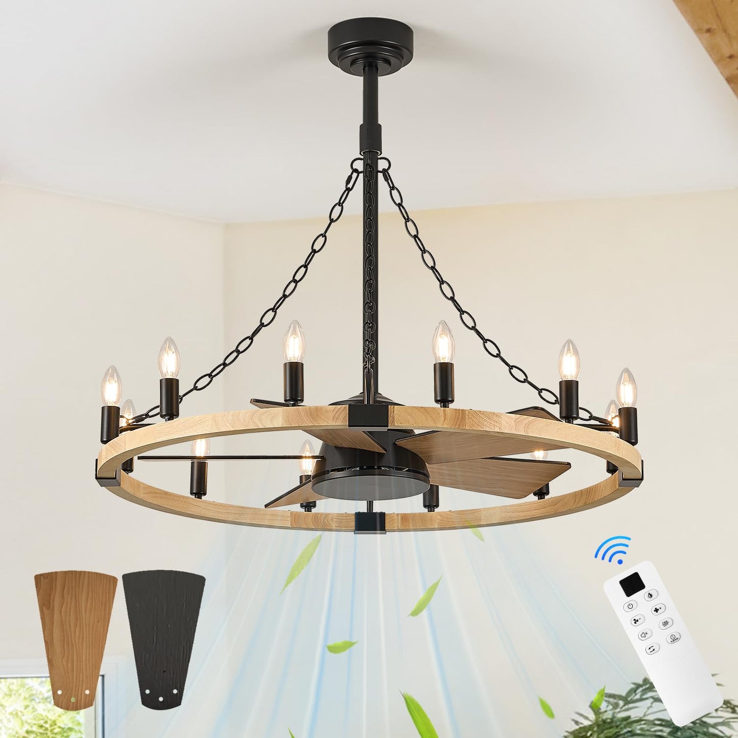 Natural Farmhouse Wood Wagon Wheel Chandelier Fans with 12 Lights and Remote, Rustic Wooden Ceiling Fan Light 36in Fandelier for Bedroom Dining Room Kitchen Living Room