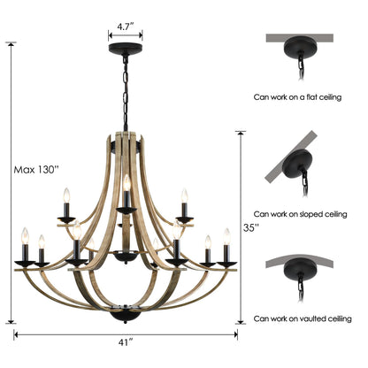 LAMPKEDUO Farmhouse Chandeliers for Dining Room Light Fixture, 2 Tier 12-Light 41" Adjustable Height Retro Faux Wood Texture Rustic Light Fixtures for Living Room Bedroom Kitchen Island Foyer Entryway