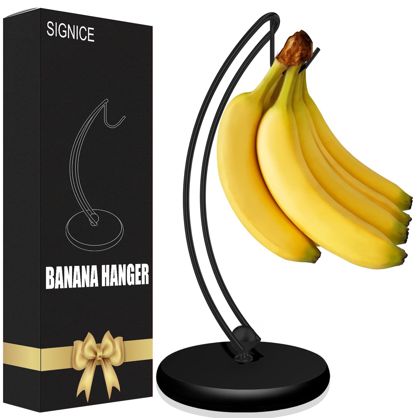 Signice Banana Holder Stand - Patented Modern Banana Tree Hanger with Wood Base Stainless Steel Banana Rack for Home Kitchen Use,Doesn't Tip Over (Full Black)