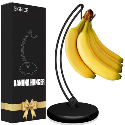 Signice Banana Holder Stand - Patented Modern Banana Tree Hanger with Wood Base Stainless Steel Banana Rack for Home Kitchen Use,Doesn't Tip Over (Full Black)