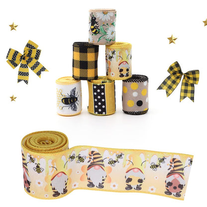 SiCai Ribbon 6 Rolls 30 Yards Bee Ribbon,Wired Edge Ribbon,Honey Ribbon for Spring Summer Craft Wrapping,2.5 inches Stripes,Polka,Dots,Gnome Ribbons Floral Arrangements,Packages,Home Decor