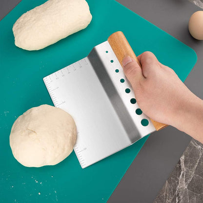 Stainless Steel Pastry Scraper, Dough/Pastry/Bread Cutter with Non-Slip Wood Handle and Herb Stripper 8-hole