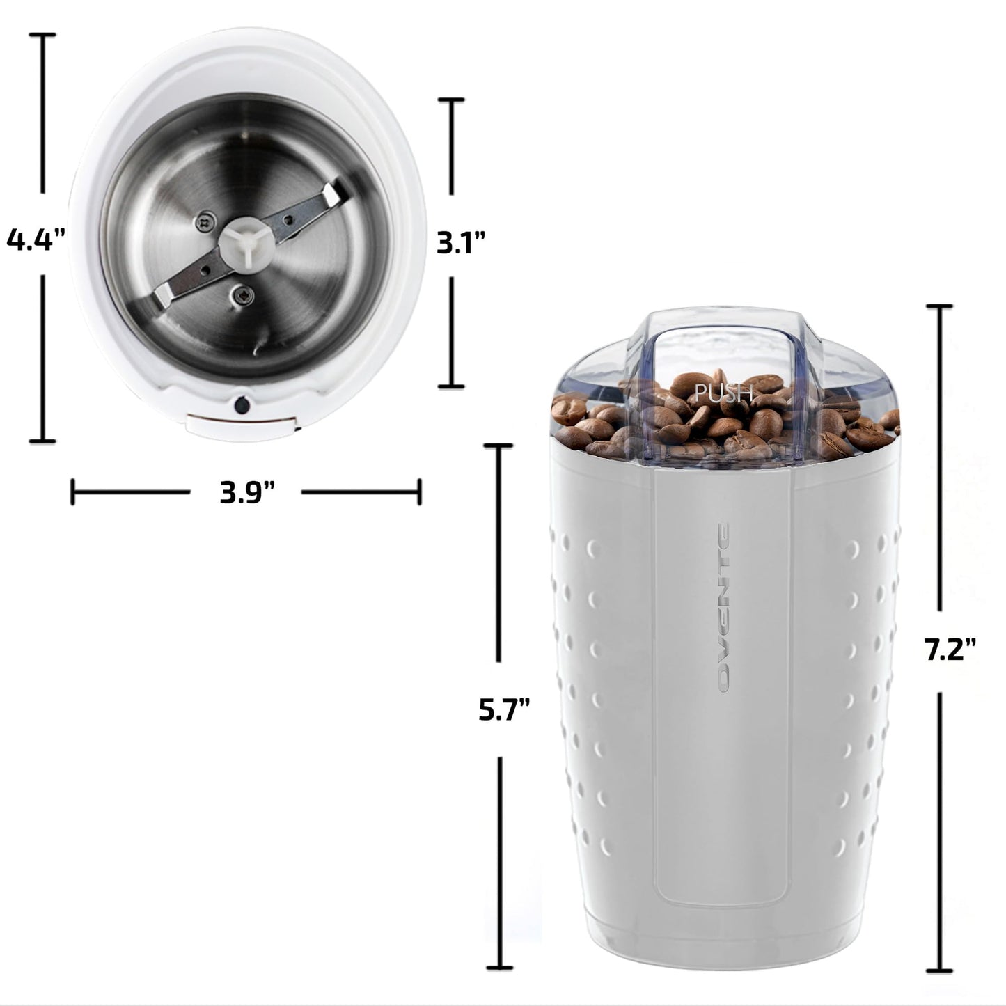 OVENTE Electric Coffee Grinder for Beans, Spices and More, 2.5Oz Compact Grinding Mill, Spice Grinder with Stainless Steel Blade, Pulse Button Operation and Transparent Easy to Open Lid, Black CG225B