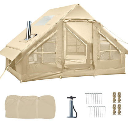 Inflatable Tents for Camping, 4-6 Person Easy Blow Up Tent with Hand Pump,4 Seasons Waterproof Air Inflatable Camping Tent,Hot Tent with Skylight and Stove Jack for Family Camping,Beige