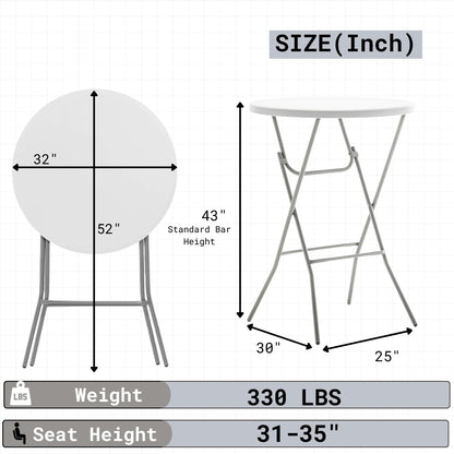 BTEXPERT White 2.63 Foot 32in Round Plastic Bar Height Folding Cocktail Table 330lb Weight Capacity Commercial Portable Banquet Dining Wedding Party Standing Event Indoor Outdoor Thick Top Set of 10