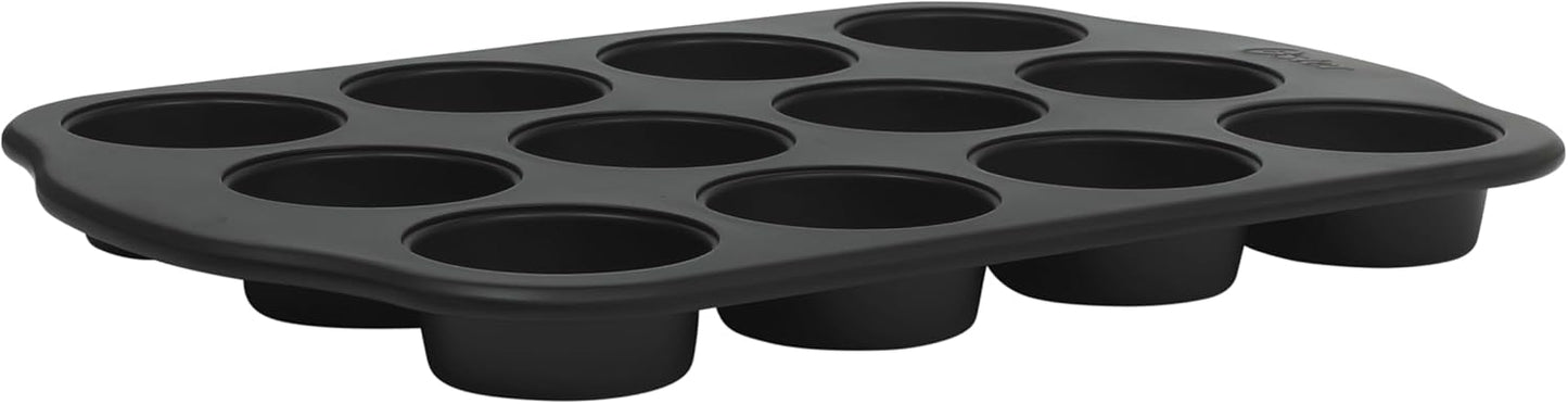 Oster Teston 12-Cup Muffin Pan - Nonstick Carbon Steel Bakeware | PFAS-Free, Easy Release, Matte Black