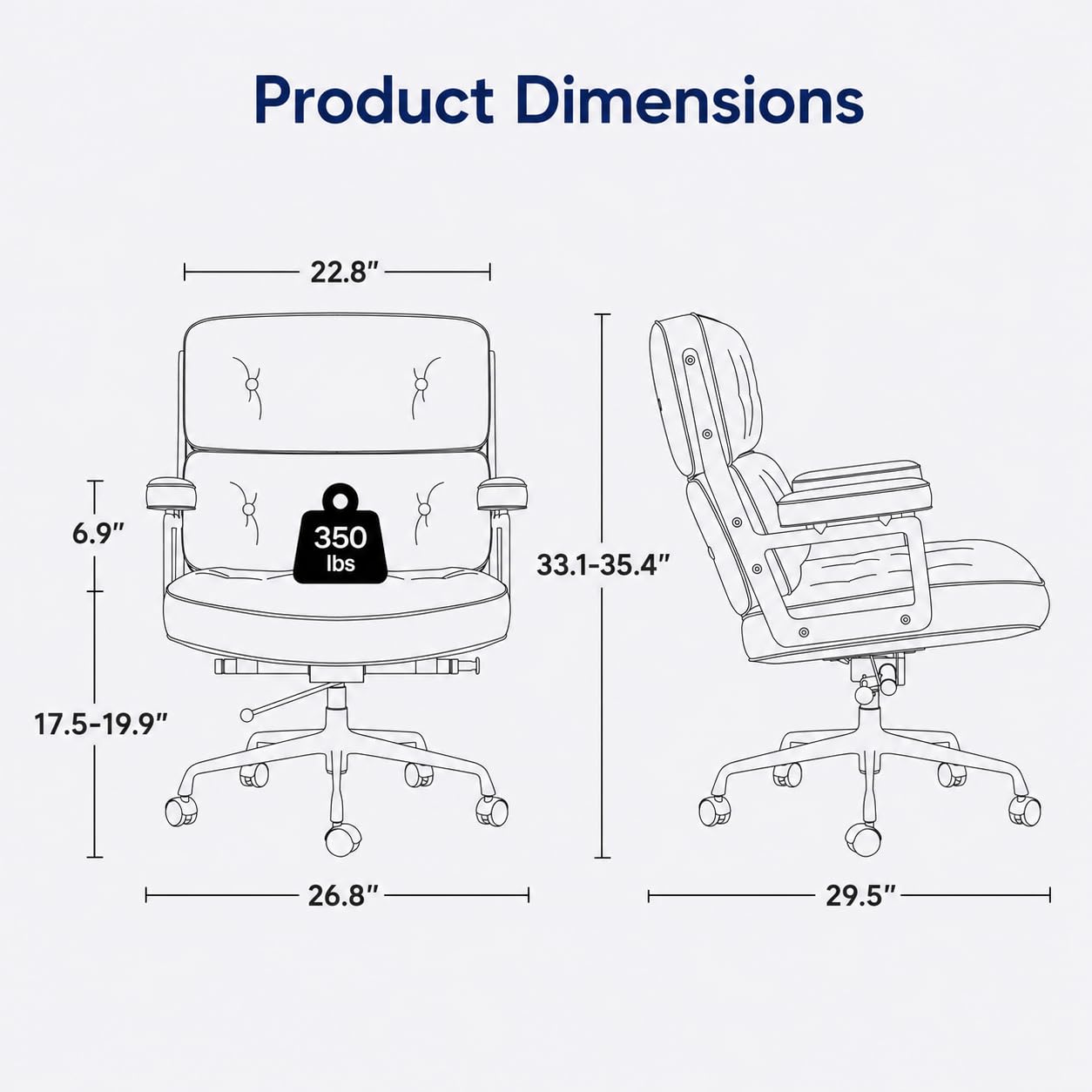 OTDMEL Home Office Chair with Top Grain Leather, Padded Armrests, Mid-Back Upholstered Executive Leather Desk Chair, Aluminum Frame, Adjustable Height, 360 Swivel, Rolling Wheels, 350lbs Capacity