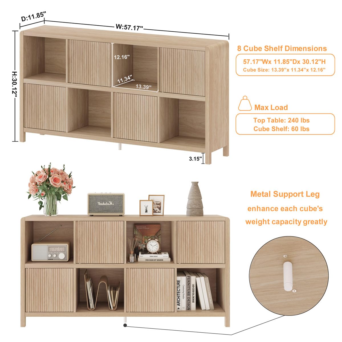 FATORRI 8 Cube Bookshelf with 4 Doors, Modern Mid Century Wood Book Shelf with Storage, Low Horizontal Cubby Bookcase for Home Office (Light Walnut)