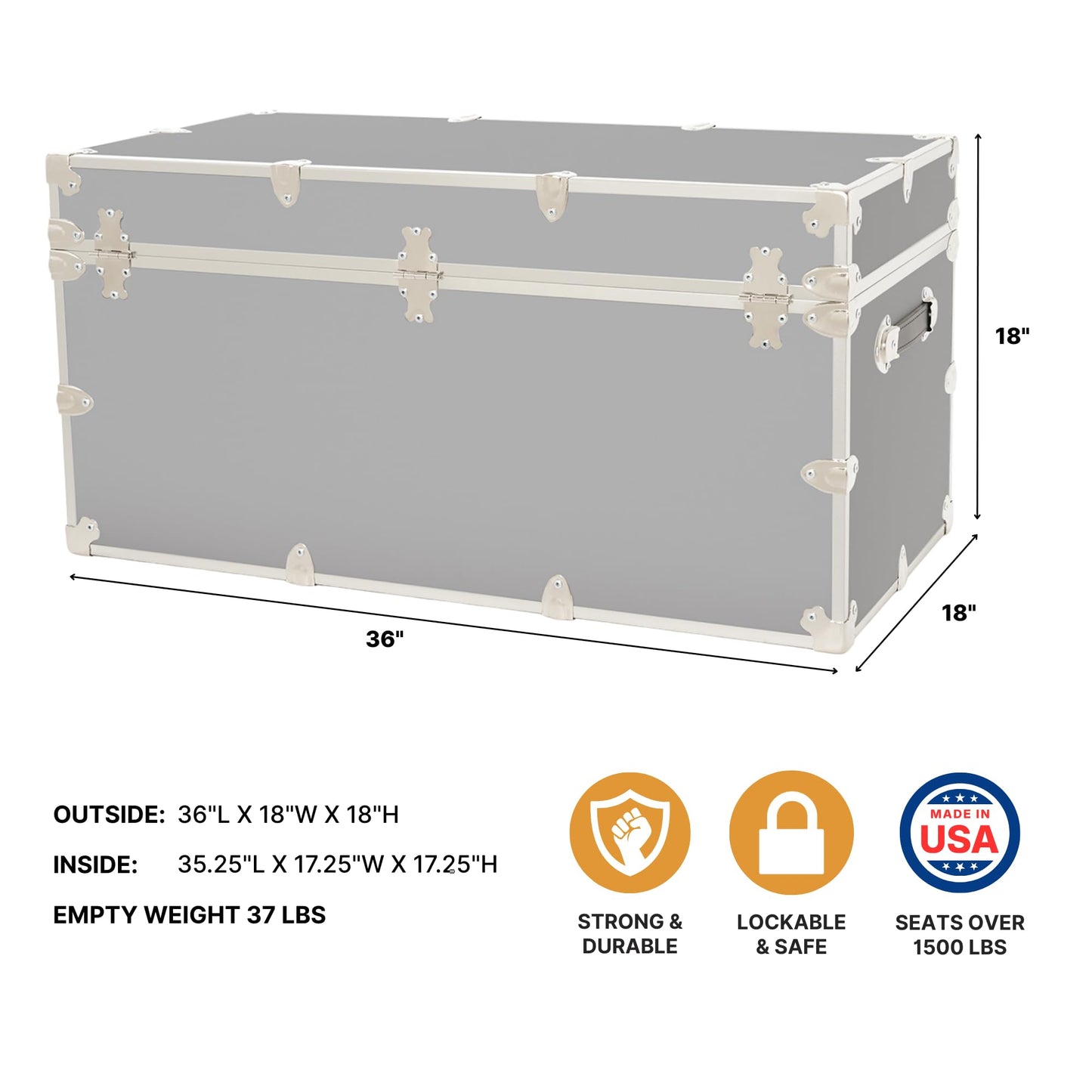 Rhino Trunk & Case Classic XXL Home Storage & College Trunk With Wheels - 36”x18”x18”, Seats 1500+ lbs, Soft-Close Lid. USA Made Secure Dorm Furniture, Organization, Steamer Style Blanket Chest