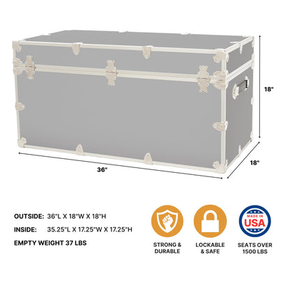Rhino Trunk & Case Classic XXL Home Storage & College Trunk With Wheels - 36”x18”x18”, Seats 1500+ lbs, Soft-Close Lid. USA Made Secure Dorm Furniture, Organization, Steamer Style Blanket Chest
